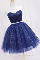 Shiny Strapless Sweetheart Neck Blue Short Evening Prom Homecoming Dresses with Belt, Sparkly Blue Formal Evening Dresses