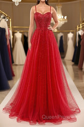 Shiny Sweetheart Neck Red Tulle Beaded Long Evening Prom Dresses, Open Back Red Tulle Formal Graduation Evening Dresses