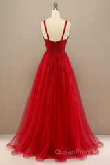 Shiny Sweetheart Neck Red Tulle Beaded Long Evening Prom Dresses, Open Back Red Tulle Formal Graduation Evening Dresses