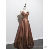Shiny Tulle Beaded Long Straps Floor Length Party Dress, A-line Prom Gown