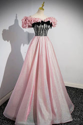 Shiny Tulle Long A-Line Pink Corset Prom Dress, Off the Shoulder Evening Party Dress