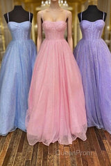 Shiny Tulle Open Back Long Evening Prom Dresses, Long Tulle Formal Graduation Evening Dresses