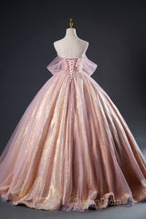 Shiny Tulle Sequins Long Evening Prom Dresses, Beautiful Pink Formal Dresses Sweet 16 Dresses