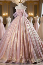 Shiny Tulle Sequins Long Evening Prom Dresses, Beautiful Pink Formal Dresses Sweet 16 Dresses