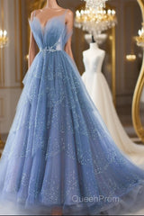 Shiny Tulle V Neck Blue Long Evening Prom Dresses, Blue Tulle Formal Evening Dresses, Blue Ball Gown