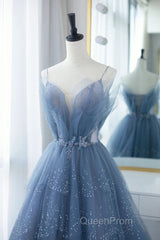 Shiny Tulle V Neck Blue Long Evening Prom Dresses, Blue Tulle Formal Evening Dresses, Blue Ball Gown