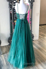 Shiny V Neck Backless Beaded Green Tulle Long Evening Prom Dresses, Green Lace Formal Dresses, Beaded Evening Dresses