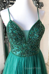 Shiny V Neck Backless Beaded Green Tulle Long Evening Prom Dresses, Green Lace Formal Dresses, Beaded Evening Dresses