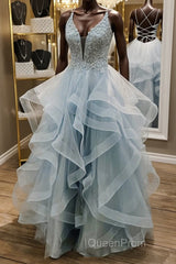 Shiny V Neck Backless Fluffy Blue Long Evening Prom Dresses, V Neck Blue Formal Dresses, Blue Lace Evening Dresses