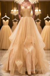 Shiny V Neck Backless Golden Long Evening Prom Dresses, Backless Golden Formal Dresses, Golden Evening Dresses