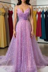 Shiny V Neck Backless Long Purple Evening Prom Dresses, Backless Lilac Formal Graduation Evening Dresses