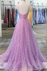 Shiny V Neck Backless Long Purple Evening Prom Dresses, Backless Lilac Formal Graduation Evening Dresses