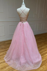 Shiny V Neck Backless Pink Long Evening Prom Dresses, Backless Pink Formal Graduation Evening Dresses