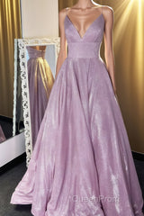 Shiny V Neck Backless Purple Long Evening Prom Dresses, Sparkly Backless Purple Formal Evening Dresses