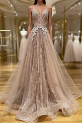 Shiny V Neck Champagne Lace Evening Prom Dresses, Champagne V Neck Lace Formal Graduation Evening Dresses