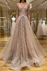 Shiny V Neck Champagne Lace Evening Prom Dresses, Champagne V Neck Lace Formal Graduation Evening Dresses