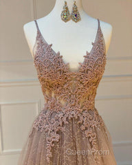 Shiny V Neck Champagne Lace Evening Prom Dresses, Champagne V Neck Lace Formal Graduation Evening Dresses