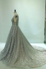 Shiny V Neck Open Back Champagne Long Evening Prom Dresses, Champagne Formal Graduation Evening Dresses