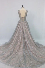 Shiny V Neck Open Back Champagne Long Evening Prom Dresses, Champagne Formal Graduation Evening Dresses