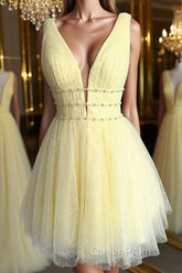 Shiny V Neck Open Back Yellow Tulle Short Evening Prom Dresses, V Neck Yellow Formal Graduation Homecoming Dresses