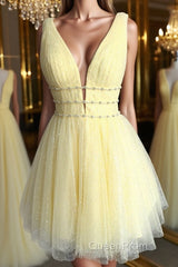 Shiny V Neck Open Back Yellow Tulle Short Evening Prom Dresses, V Neck Yellow Formal Graduation Homecoming Dresses