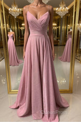 Shiny V Neck Pink Long Evening Prom Dresses, Pink V Neck Long Formal Evening Dresses