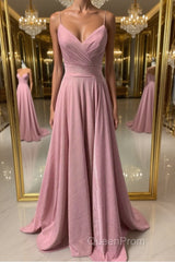 Shiny V Neck Pink Long Evening Prom Dresses, Pink V Neck Long Formal Evening Dresses