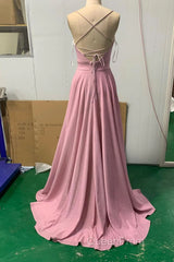 Shiny V Neck Pink Long Evening Prom Dresses, Pink V Neck Long Formal Evening Dresses