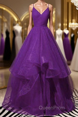 Shiny V Neck Purple Long Evening Prom Dresses, Long Purple Formal Evening Dresses, Purple Ball Gown