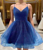 Shiny V Neck Short Blue Green White Evening Prom Dresses, Shiny Short V Neck Formal Homecoming Dresses