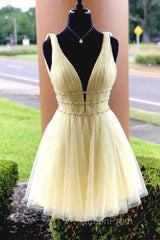 Shiny V Neck Short Blue/Yellow Evening Prom Dressesses, Short Blue/Yellow V Neck Fomal Homecoming Graduation Dresses