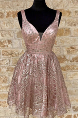 Shiny V Neck Short Champagne Evening Prom Dresses, Short V Neck Champagne Graduation Formal Dresses