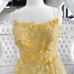 Shiny Yellow Lace Floral Evening Prom Dresses, Shiny Yellow Lace Floral Formal Evening Dresses