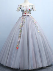 Shop Designer Gray Ball Gown Tulle Off the Shoulder Short Sleeve Embroidery