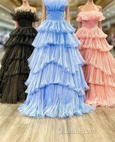Candy Pink Tulle A-line Strapless Ruffles layers Long Evening Prom Dresses