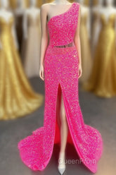 Fuchsia One Shoulder Sequins Tassels Cut-Out Long Evening Prom Dresses with Slit