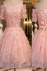 Short A-Line Junior Cute Off Shoulder Full Lace Appliques Beads Sweetheart Lace Up Back Homecoming Dresses
