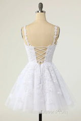 Short A-line V-neck Tulle Lace Backless Evening Prom Dresses white Homecoming Dresses