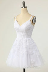 Short A-line V-neck Tulle Lace Backless Evening Prom Dresses white Homecoming Dresses