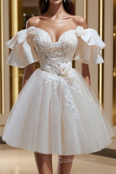 Short Beige Evening Prom Dresses, Beige Tulle Lace Homecoming Dresses