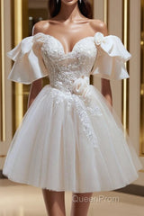 Short Beige Evening Prom Dresses, Beige Tulle Lace Homecoming Dresses