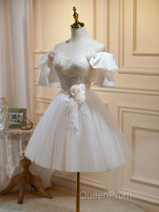 Short Beige Evening Prom Dresses, Beige Tulle Lace Homecoming Dresses