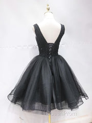 Short Black Lace Evening Prom Dresses, Short Black Lace Homecoming Graduation Dresses