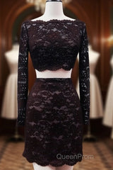 Short Black Lace Two Piece Evening Prom Dresses