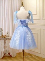 Short Blue Lace Evening Prom Dresses, Short Blue Lace Formal Graduation Dresses