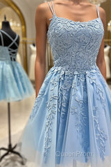 Short Blue Lace Evening Prom Dressesses, Short Blue Lace Formal Homecoming Dresses