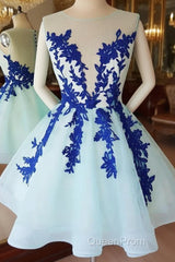 Short Blue Lace Tulle Evening Prom Dresses, Short Blue Lace Homecoming Graduation Dresses