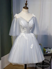 Short Gray Lace Prom Dresses, Short Gray Lace Formal Homecoming Dresses