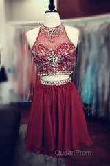 Short Green Two Piece Chiffon Homecoming Dresses Beaded