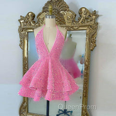 Short Homecoming Dresses, Pink Sequin Homecoming Dresses